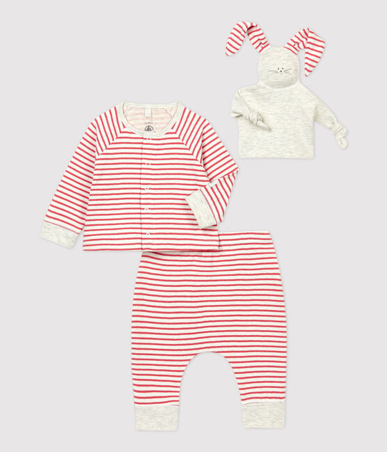 Ensemble 3 pièces milleraies bébé en coton biologique blanc MARSHMALLOW/orange OURSIN